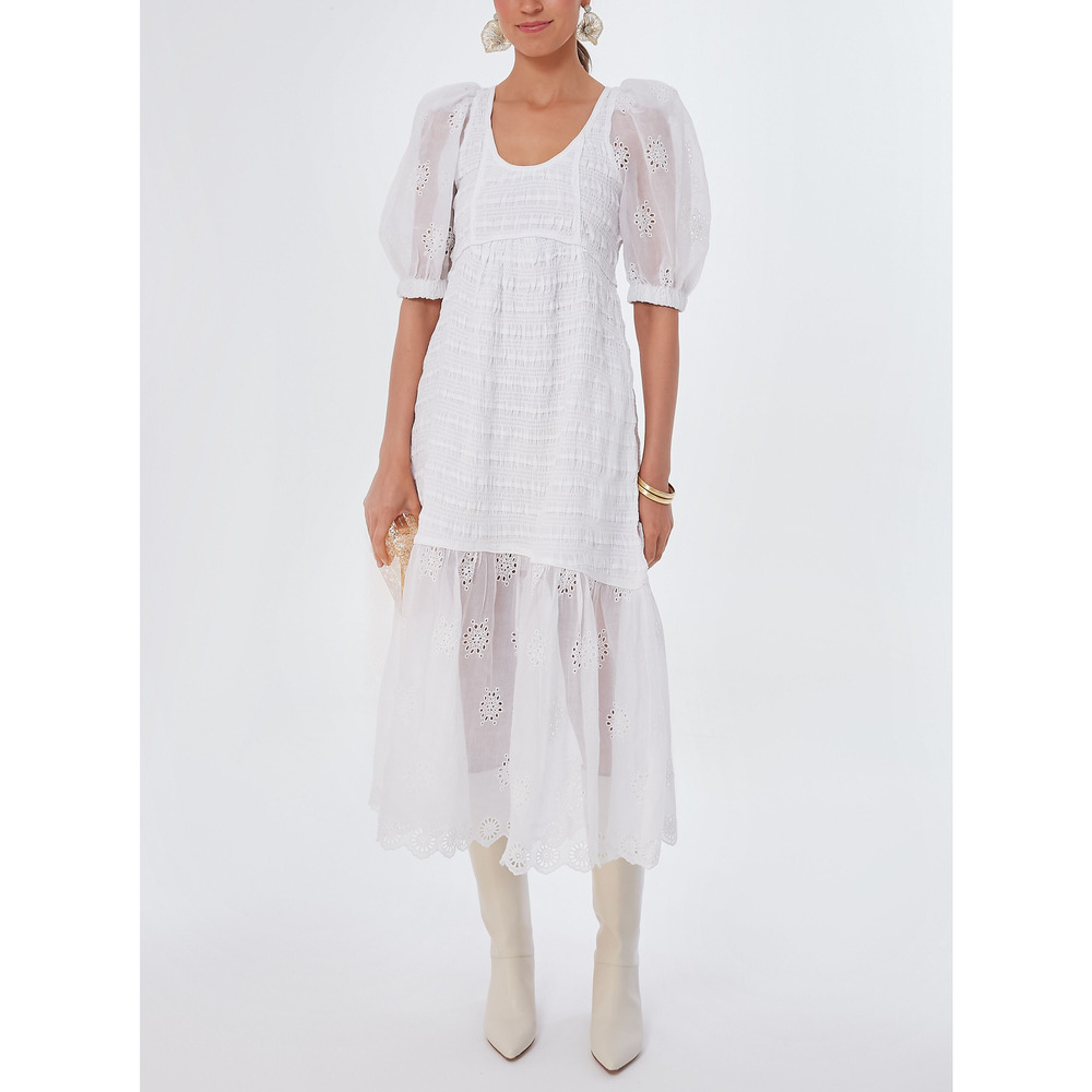 Tuckernuck 'Blaine' White Eyelet Puff Sleeve Smocked Dress Size XL